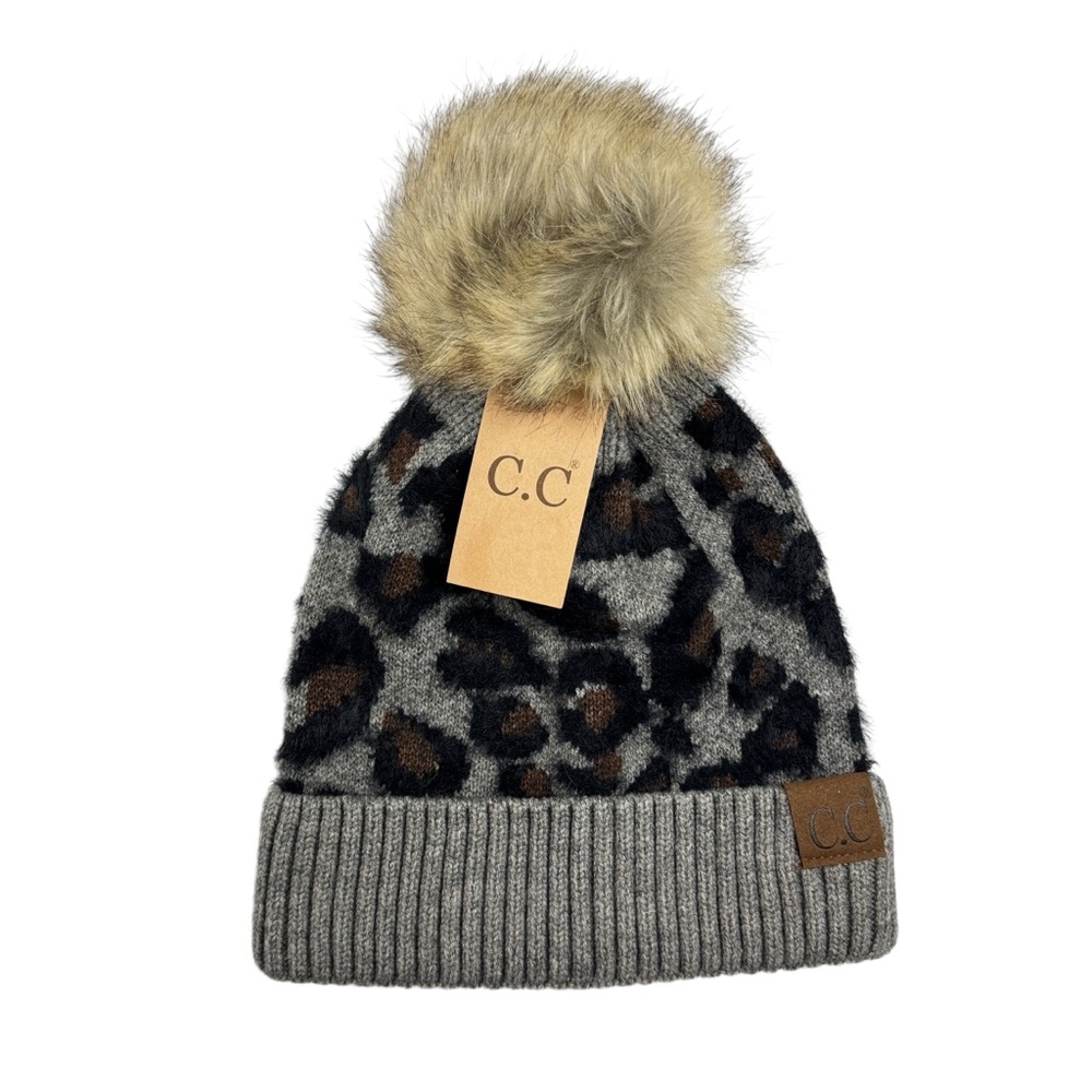 C.C Animal Print Hat Soft Warm Knit Cuff Faux Fur Pom Beanie Leopard Print Kids